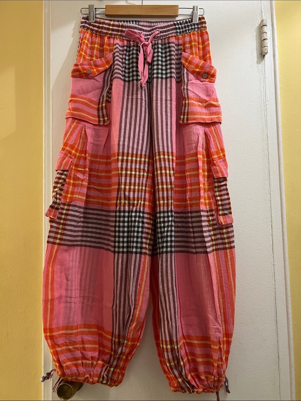 Free People Pink & Orange Plaid Cargo Harem Pants